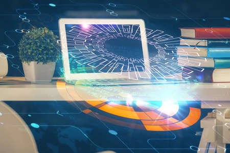 Double exposure of desktop with personal computer on background and tech theme drawing. Concept of...