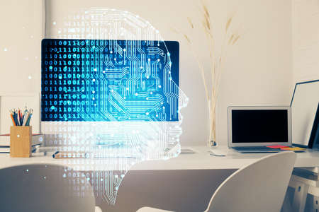 Double exposure of work space with computer and human brain drawing hologram. Brainstorm concept.