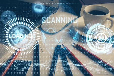 Double exposure of desktop with computer on background and tech theme drawing. Concept of big data.
