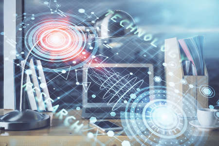 Double exposure of computer and technology theme hud. Concept of innovation.