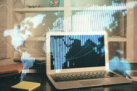 Multi exposure of business theme icons and table with computer background. Concept of success.