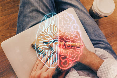 Haman brain multi exposure icon with man hands background. Concept of Ai.の写真素材