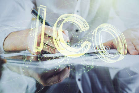 Businessman with hands background. Multi exposure with crypto currency concept.