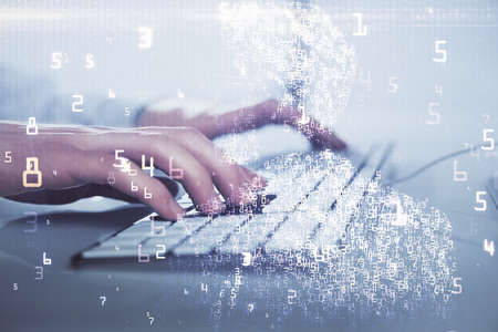 Technology theme hologram with man working on computer on background. High tech concept. Multi...