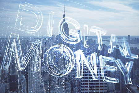 Double exposure of crypto currency theme hologram drawing and city veiw background. Concept of...