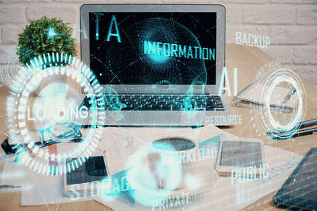 Double exposure of table with computer on background and data theme drawing. Concept of innovation.