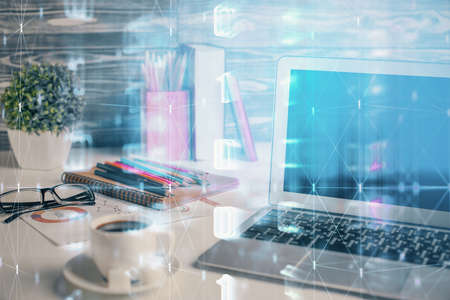 Multi exposure of desktop with computer on background and tech theme drawing. Concept of big data.