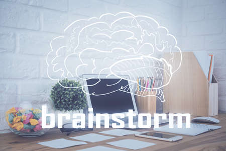 Desktop computer background in office and start up theme hologram drawing. Double exposure. Startup...
