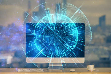 Multi exposure of business theme icons and table with computer background. Concept of success.