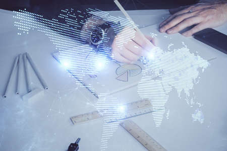 Mans hands working with notes background. Social networking scheme . Mixed media. Global business....