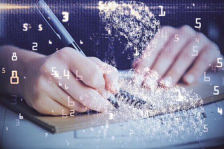 Tech theme hologram over womans hands taking notes background. Concept of hightech. Double exposureの写真素材
