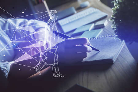 Start up creative drawing over close up hands on background. Concept of brainstorming. Multi exposureの写真素材