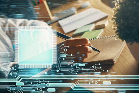 Multi exposure of womans hands on background with technology and digital coding icons. Data...