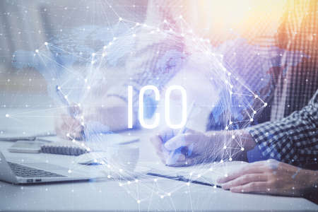 Blockchain theme hologram with man working on computer on background. Concept of crypto chain. Double exposure.の写真素材