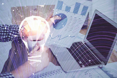 Growing arrows with businessman working on computer on background. Success concept. Double exposure.