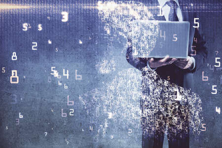 Technology theme hologram with man working on computer on background. High tech concept. Multi...