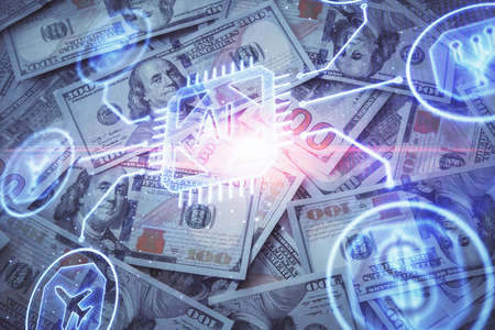Double exposure of data theme drawing over us dollars bill background. Technology concept.の写真素材