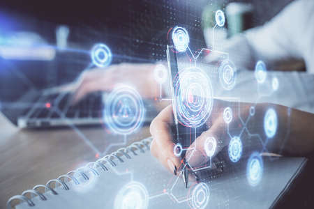Double exposure of data theme sketch drawing over people writing background. Concept of technology