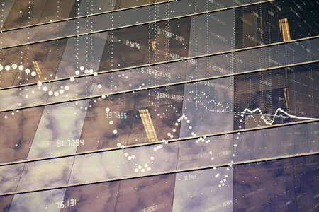 Data theme hologram drawing on city view with skyscrapers background multi exposure. Bigdata concept.の写真素材