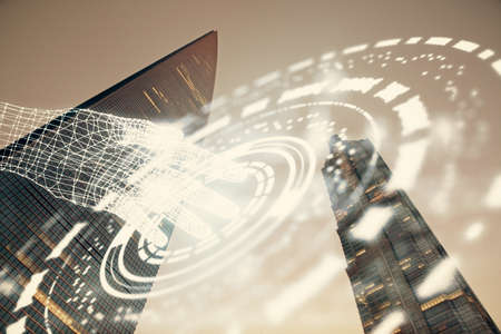 Data theme hologram drawing on city view with skyscrapers background double exposure. Ai concept.