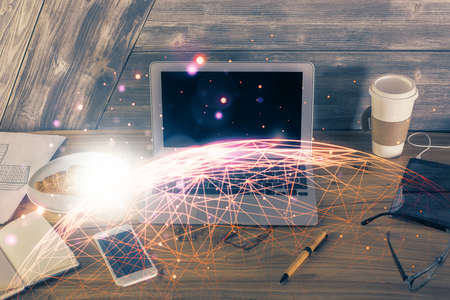Computer on desktop with social network theme icon. Multi exposure. Concept of international...