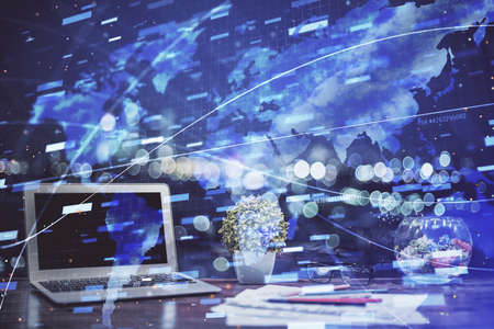 Double exposure of computer and technology theme drawing. Concept of innovation.