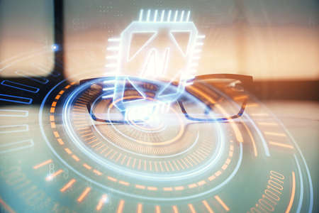Data tech hologram with glasses on the table background. Concept of technology. Double exposure.