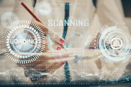 Double exposure of woman's writing hand on background with data technology hud. Big data concept.