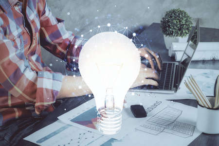 Growing arrows with businessman working on computer on background. Success concept. Double exposure.