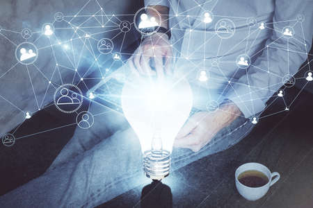 Growing arrows with businessman working on computer on background. Success concept. Double exposure.