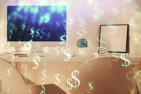 Multi exposure of stock market chart drawing and office interior background. Concept of financial analysis.の写真素材