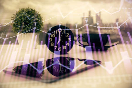 Double exposure of forex graph drawing and cell phone background. Concept of financial data analysis