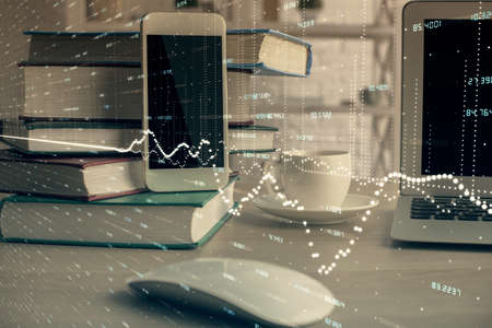 Double exposure of financial graph drawing and cell phone background. Concept of forex trading