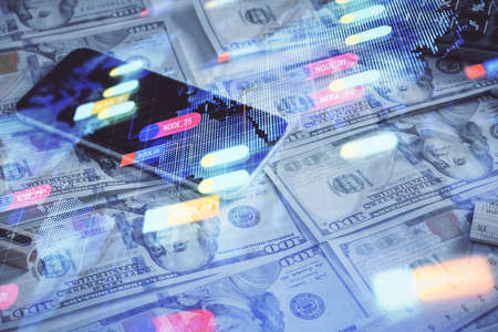Double exposure of data theme drawing over us dollars bill background. Technology concept.の写真素材