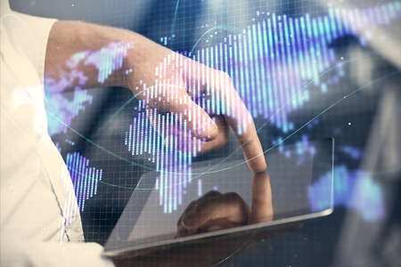 Double exposure of man's hands holding and using a phone and international business theme drawing.