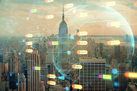 Data theme hologram drawing on city view with skyscrapers background double exposure. Technology...