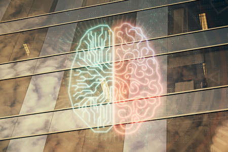 Brain hologram drawing on city scape background Double exposure. Brainstorming concept.の写真素材