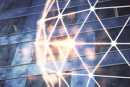 Multi exposure of social network theme drawing and cityscape background. Concept of people connecton.の写真素材