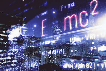 Double exposure of table with computer on background and data theme hologram. Data technology...