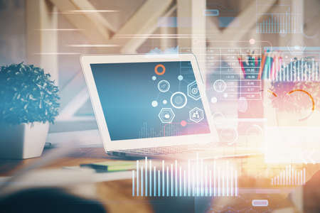 Double exposure of desktop with personal computer on background and tech theme drawing. Concept of...