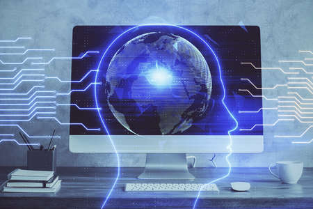 Multi exposure of work table with computer and brain hologram. Brainstorm concept.