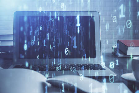 Multi exposure of computer on background and technology theme drawing. Concept of innovation.
