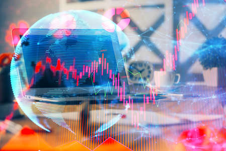 Multi exposure of business theme icons and table with computer background. Concept of success.