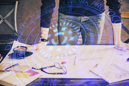 Man's hands with data theme multi exposure drawings. Network and data concept.
