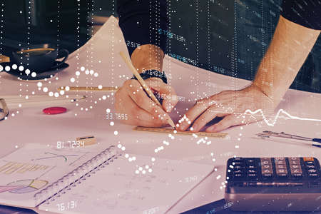 Man's hands with technology theme multi exposure icons. Concept of big data.