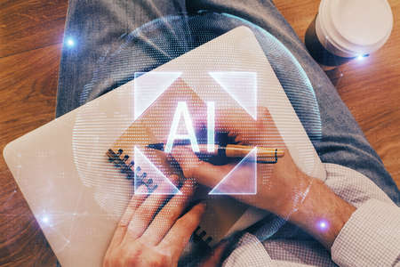 Human's hands with technology theme double exposure icons. Concept of big data.