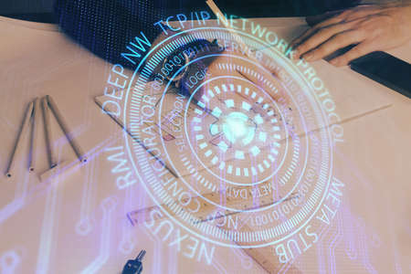 Human's hands with data theme multi exposure background drawings. Concept of innovation.