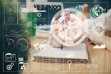 Multi exposure of writing hands on background with data solution hologram. Technology concept.