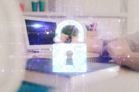 Double exposure of woman's hands writing with lock icon. Concept of security and protection of data