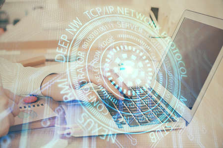 Businessman working on Laptop with technology theme drawing. Concept of big data. Double exposure.
